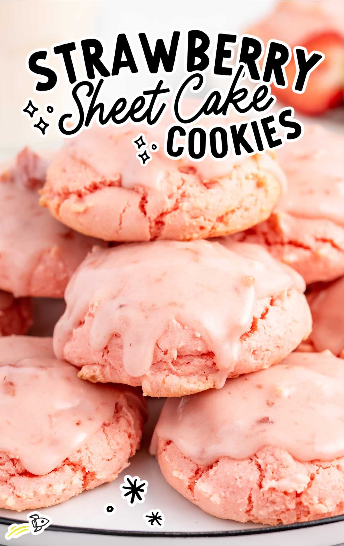 close up shot of Strawberry Sheet Cake Cookies on a plate