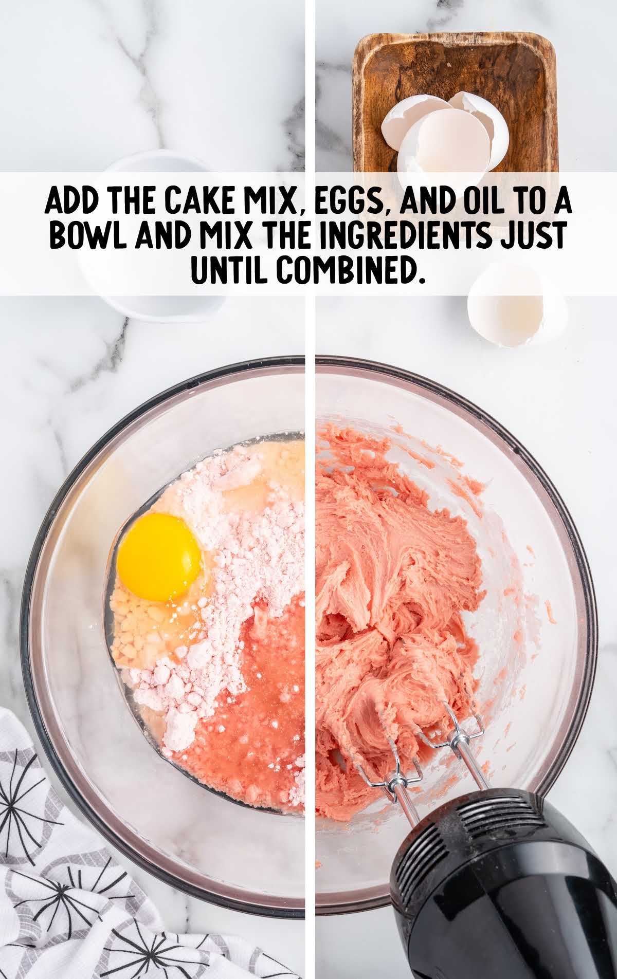 cake mix, eggs, and oil added to a bowl and blended together