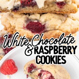 close up shot of White Chocolate Raspberry Cookies stacked on top of each other with one split in half and a overhead shot of a White Chocolate Raspberry Cookie split in half