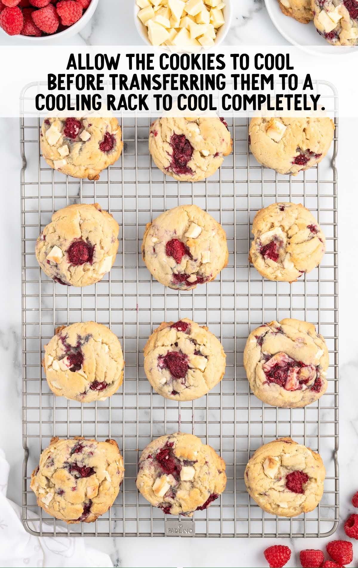 White Chocolate Raspberry Cookies cooling on a cooling rack