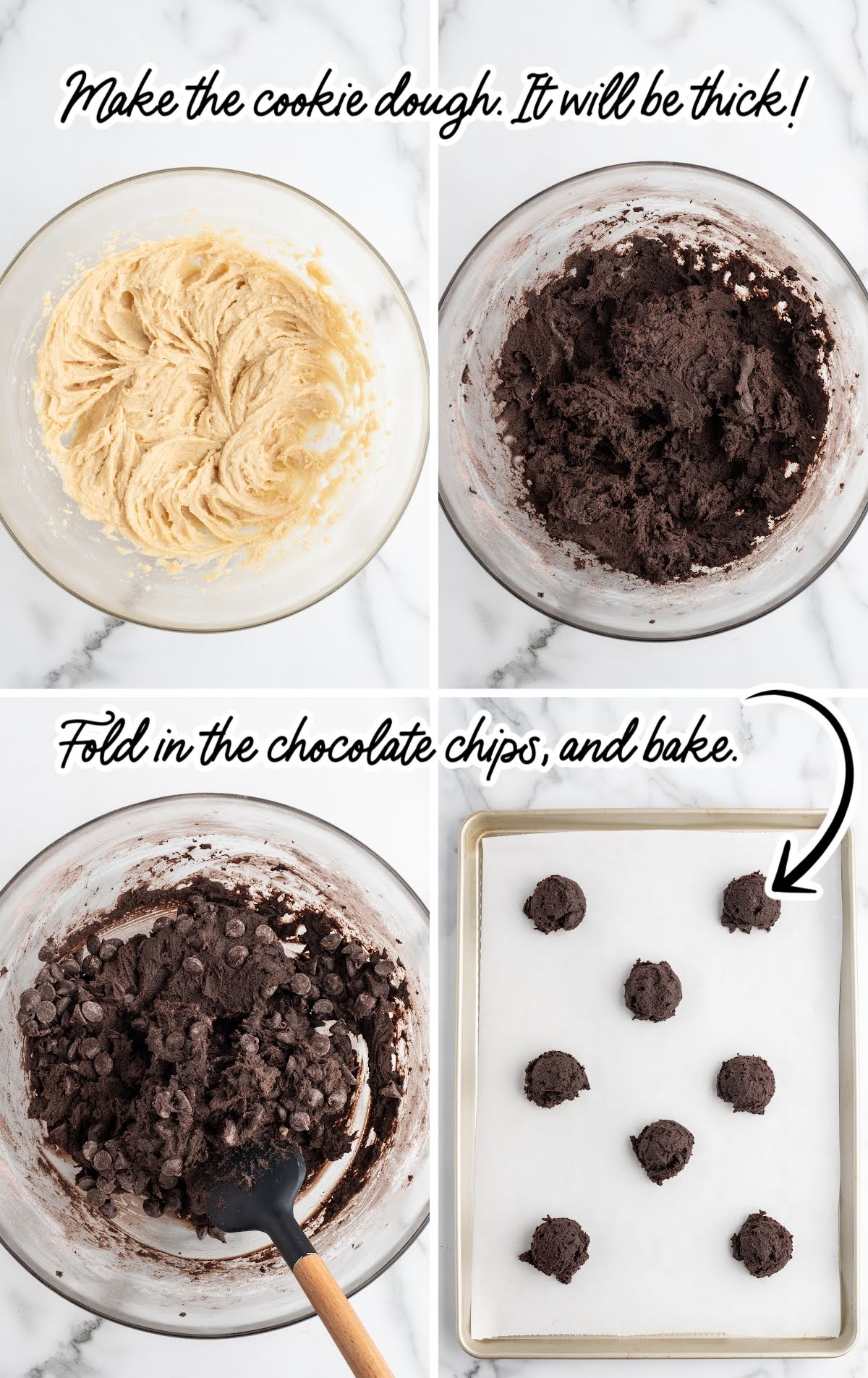 Process collage showing cookie dough being mixed, folded with chocolate chips, and scooped onto a baking sheet.