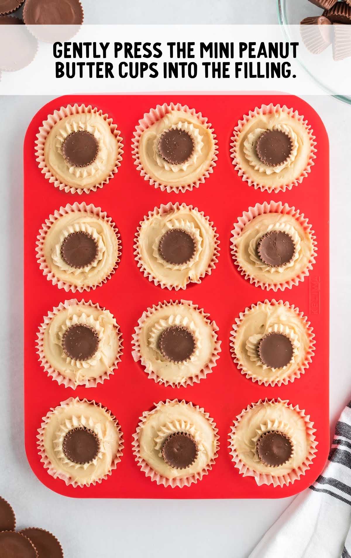 mini peanut butter cup topped on each of the cheesecake