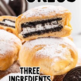 a close up shot of Air Fried Oreos on a plate with one split in half