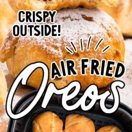 a close up shot of Air fried Oreos stacked on top of each other and a overhead shot of Air Fried Oreos in a air fryer