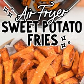 a close up shot of Air Fryer Sweet Potato Fries in a basket and a close up shot of Air Fryer Sweet Potato Fries in a air fryer