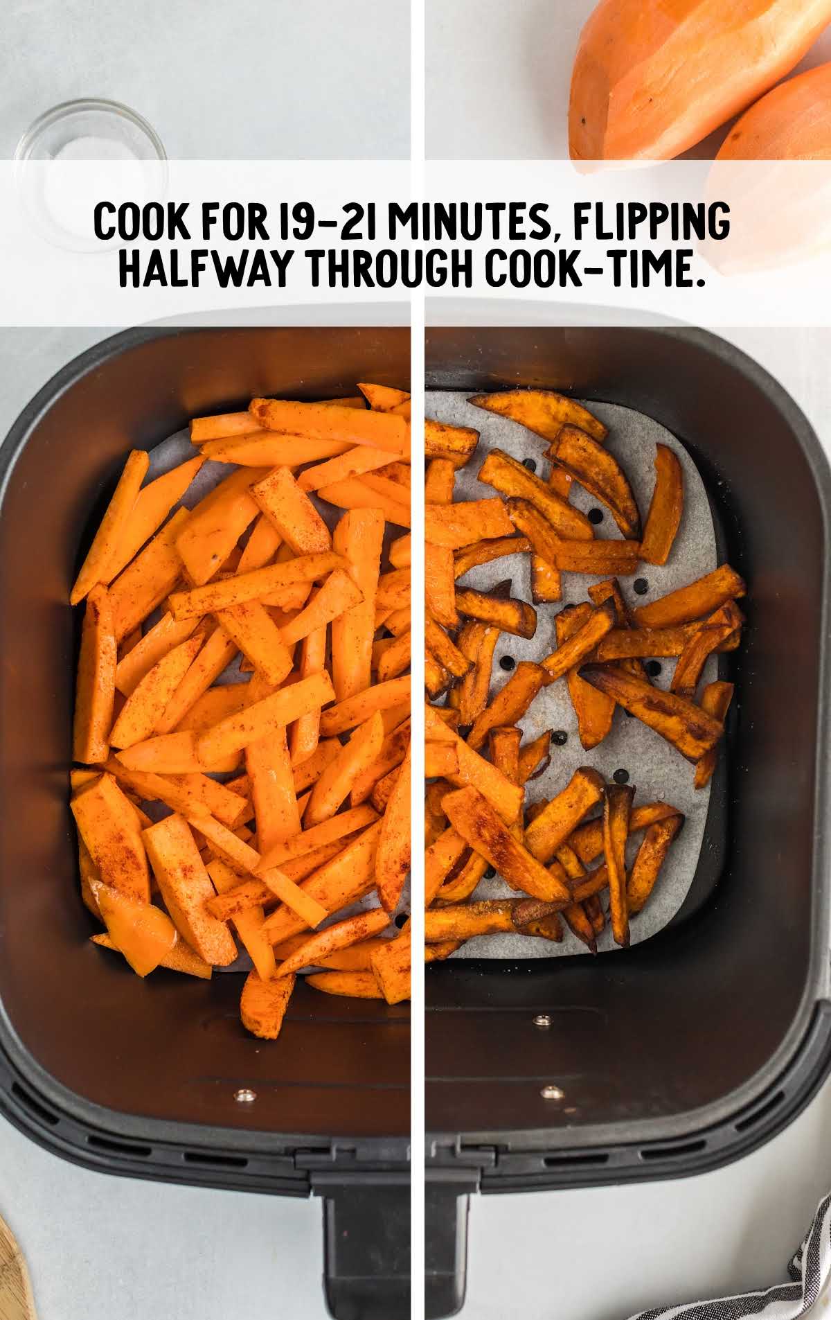 Air Fryer Sweet Potato Fries cooked for 19 to 21 minutes
