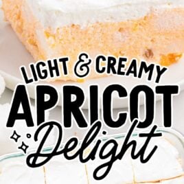 a close up shot of a slice of Apricot Delight on a plate and a overhead shot of Apricot Delight in a pan