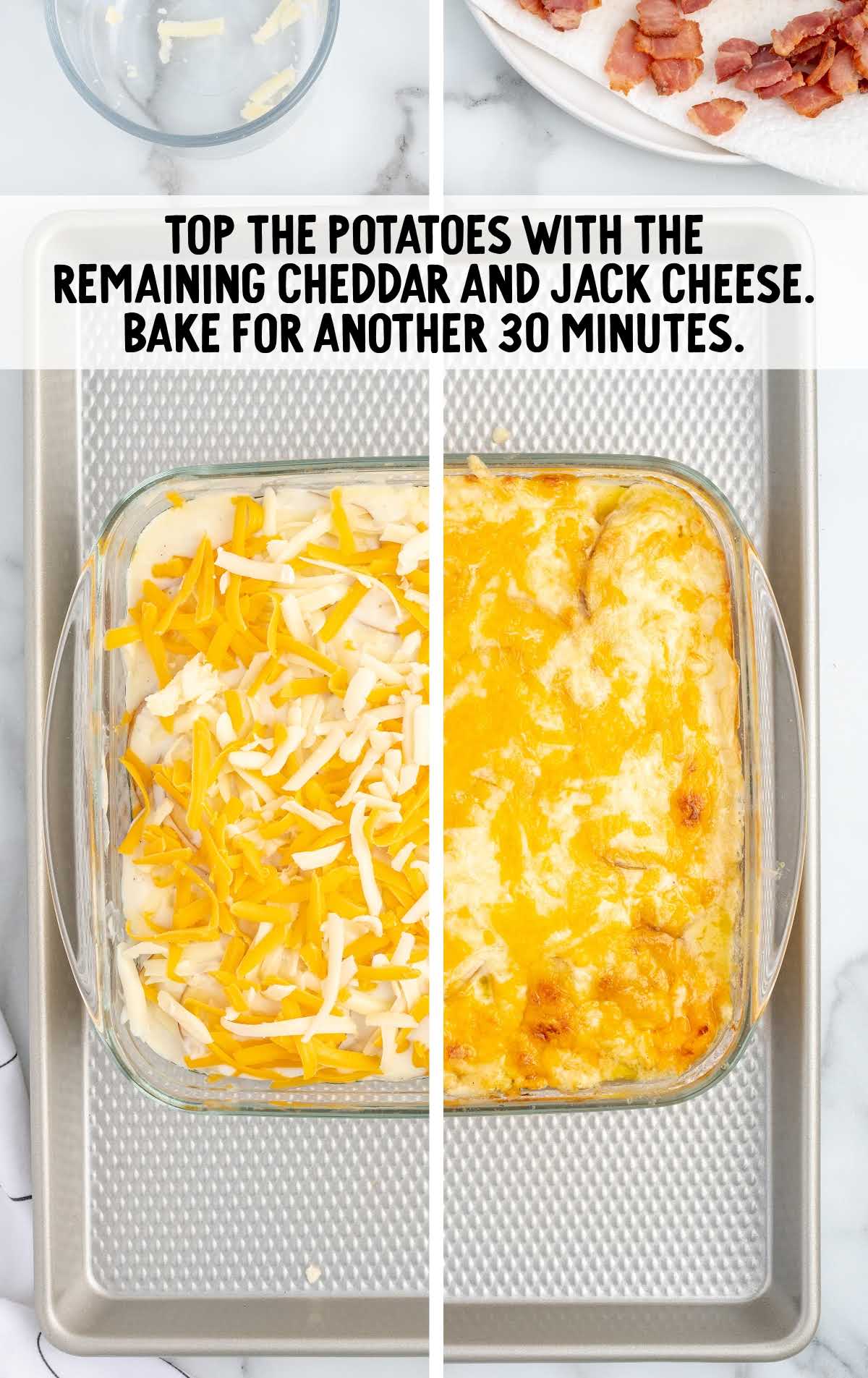 cheddar and jack cheese topped on top of the potatoes and bake