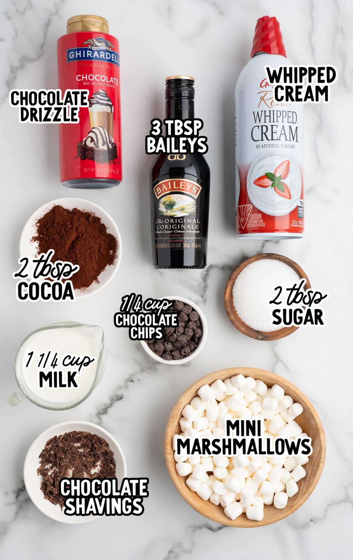 Overhead display of hot chocolate ingredients including Baileys, cocoa, milk, chocolate chips, whipped cream, sugar, and mini marshmallows.