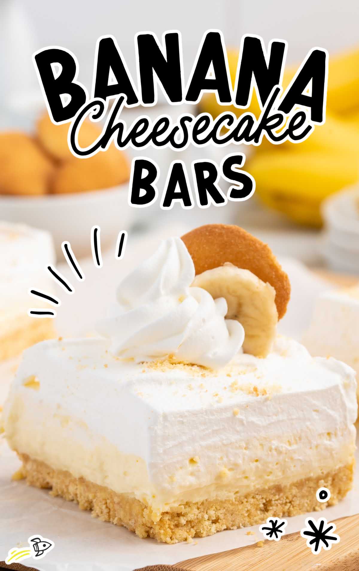 a close up shot of a piece of Banana Cheesecake Bars
