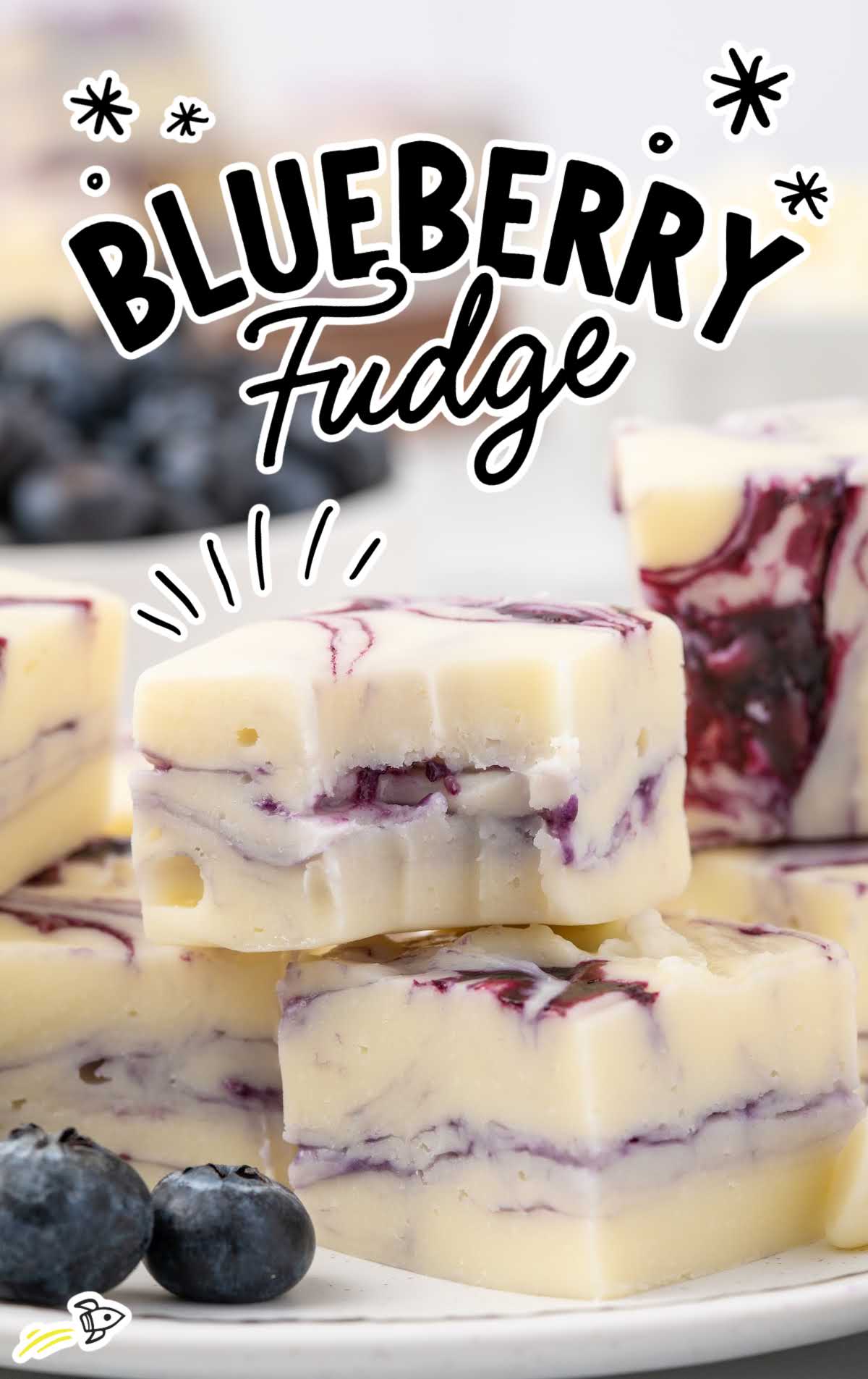 a close up shot of Blueberry Fudge on a plate with one having a bite taken out of it