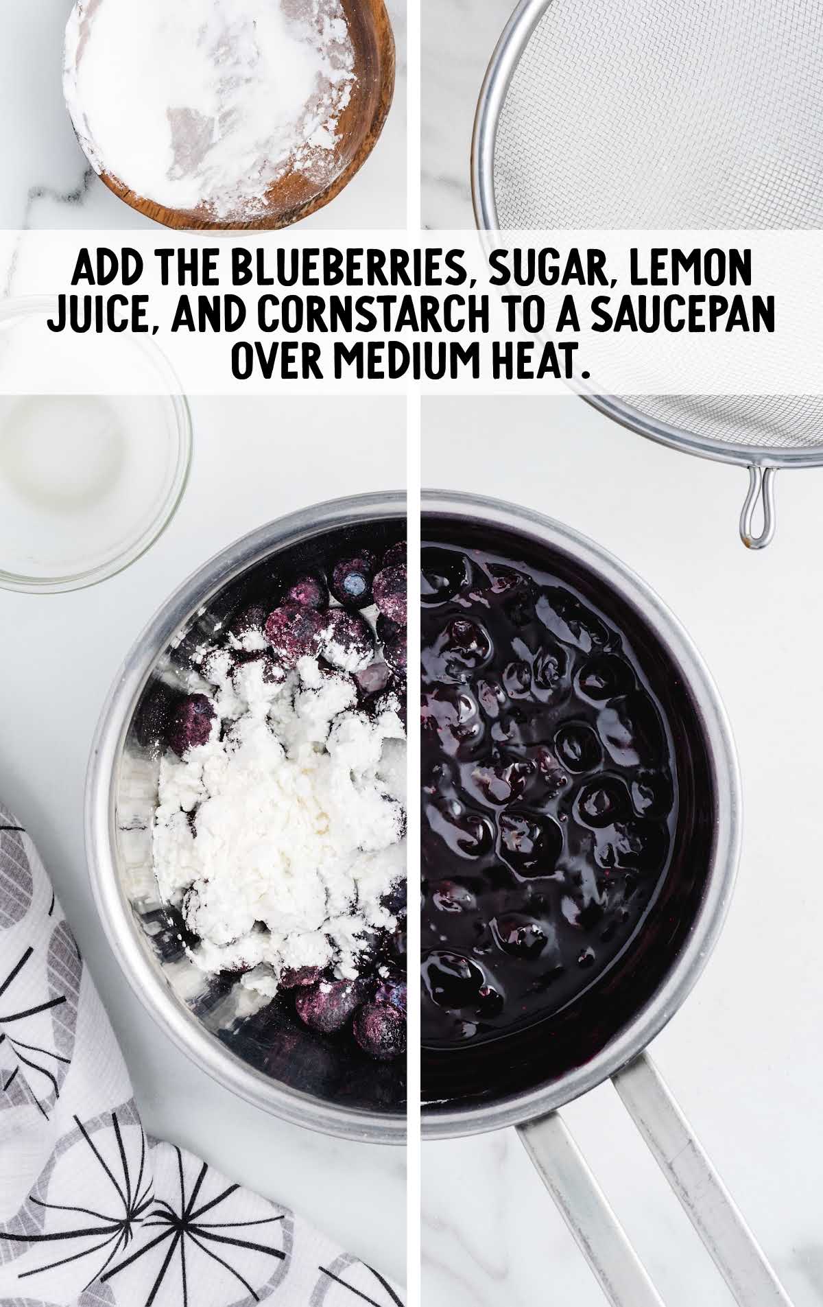 blueberries, sugar, lemon juice, and cornstarch added to a saucepan