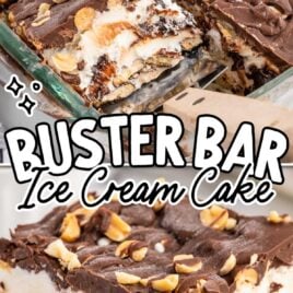 a close up shot of a piece of Buster Bar Ice Cream Cake in a baking dish