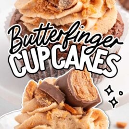 a close up shot of a Butterfinger Cupcake with a bite taken out of it on a plate