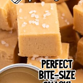 a close up shot of a bunch of Caramel Fudge stacked on top of each other and a overhead shot of caramel sauce in a pot