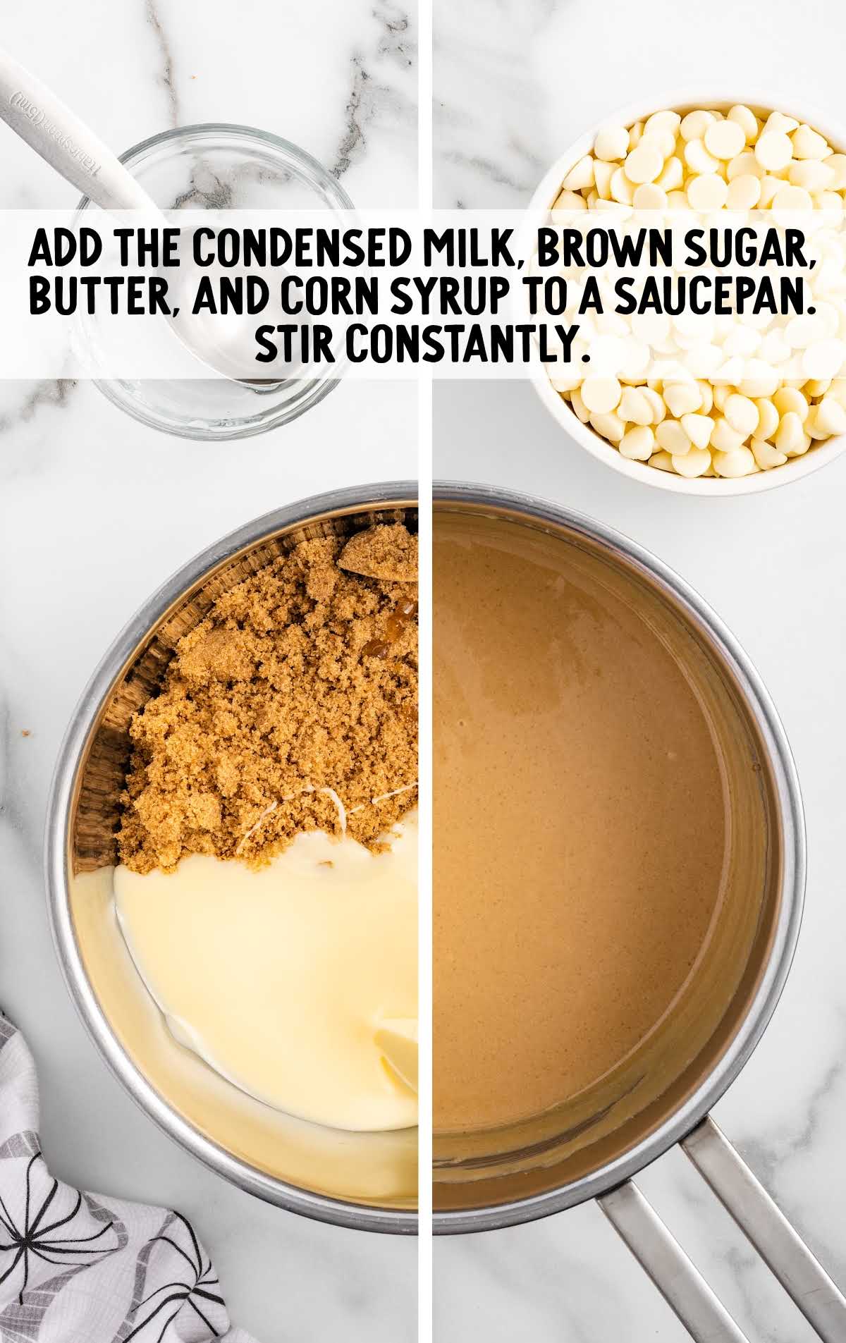 condensed milk, brown sugar, butter, corn syrup added to a saucepan