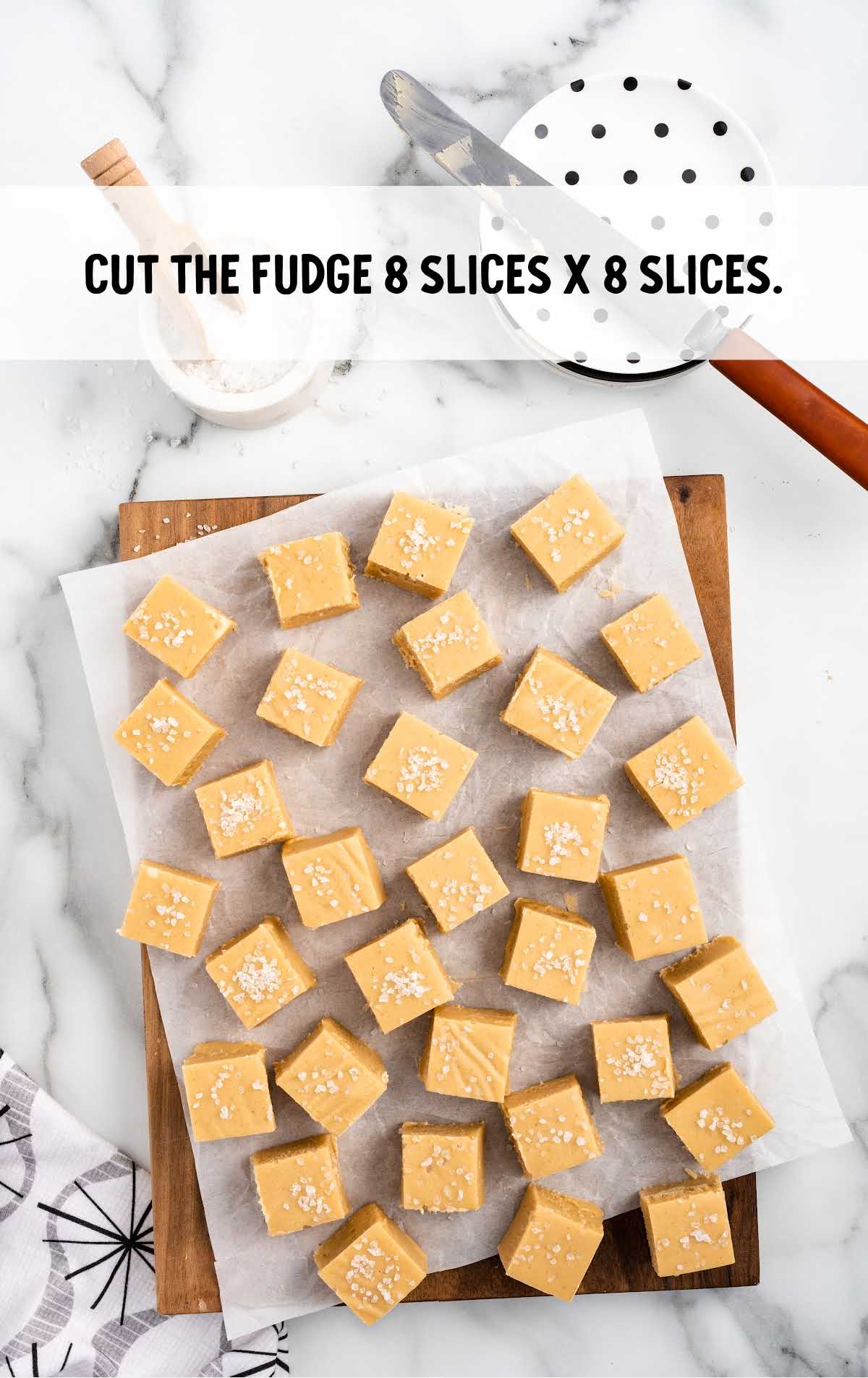 fudges cut into 8 slices on a parchment paper