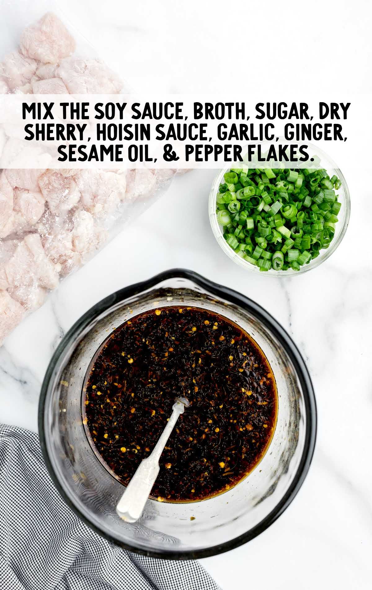 soy sauce, broth, sugar, dry sherry, hoisin sauce, garlic, ginger, sesame oil, and pepper flakes mixed together