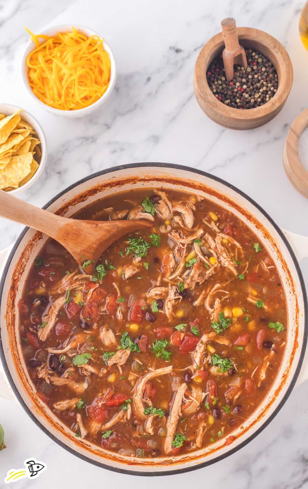 overhead shot of Chicken Taco Soup in a bowl