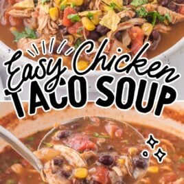 a close up shot of Chicken Taco Soup in a bowl