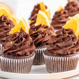 a close up shot of Chocolate Orange Cupcakes on a tray