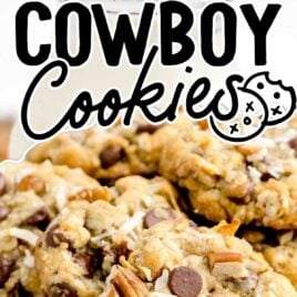 close up shot of a cowboy cookies on a plate and a close up shot of a Cowboy Cookie with a bite taken out of it