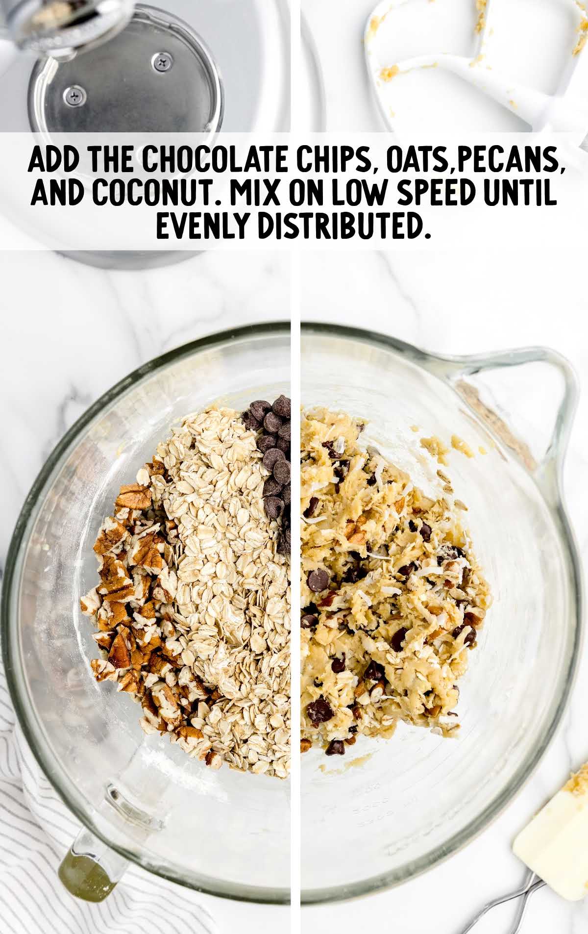 chocolate chips, oats, pecans, and coconut combined together