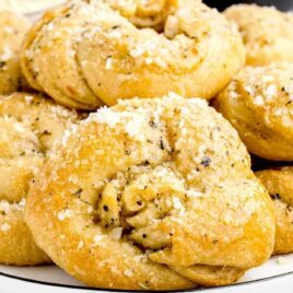 a close up shot of Garlic Knots from Crescent Rolls on a plate