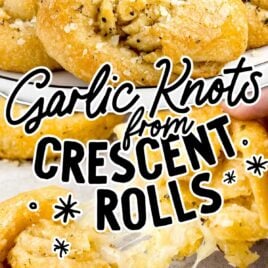 a close up shot of Garlic Knots from Crescent Rolls on a plate and a close up shot of a Garlic Knots from Crescent Roll being broken apart