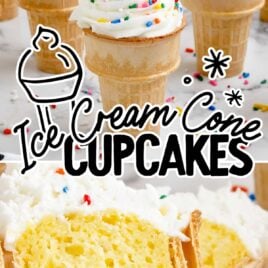 a close up shot of Ice Cream Cone Cupcakes and a close up shot of a Ice Cream Cone Cupcake split in half
