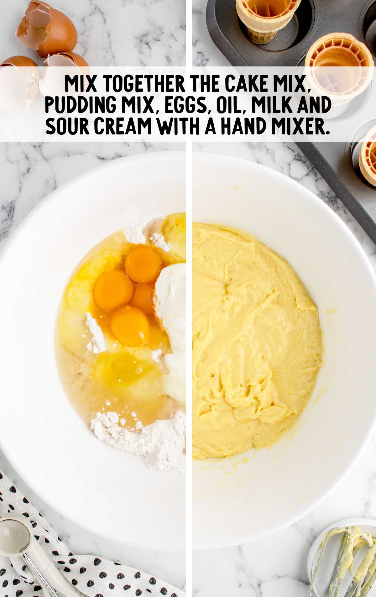 cake mix, pudding mix, eggs, oil, milk, and sour cream mixed together