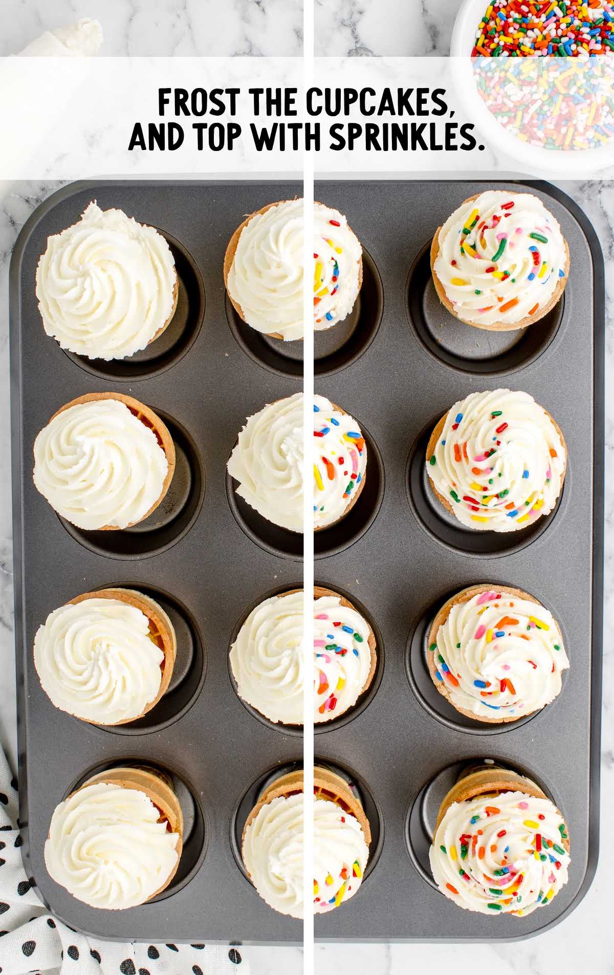 cupcakes frosted and topped with sprinkles