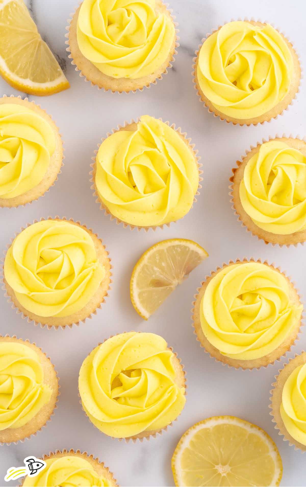 overhead shot of Lemon Buttercream on cupcakes