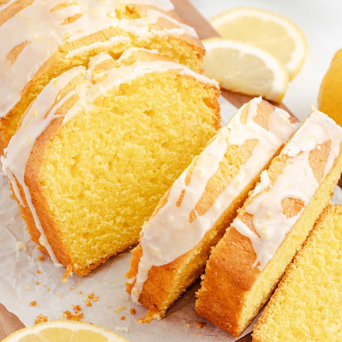 a close up shot of slices of Lemon Pound Cake