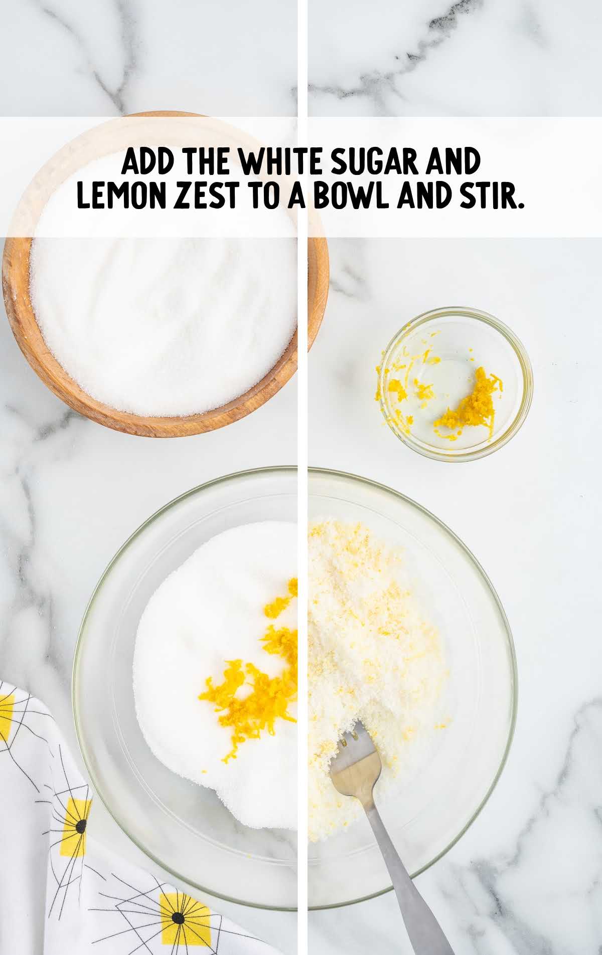 white sugar, and lemon zest added to a bowl