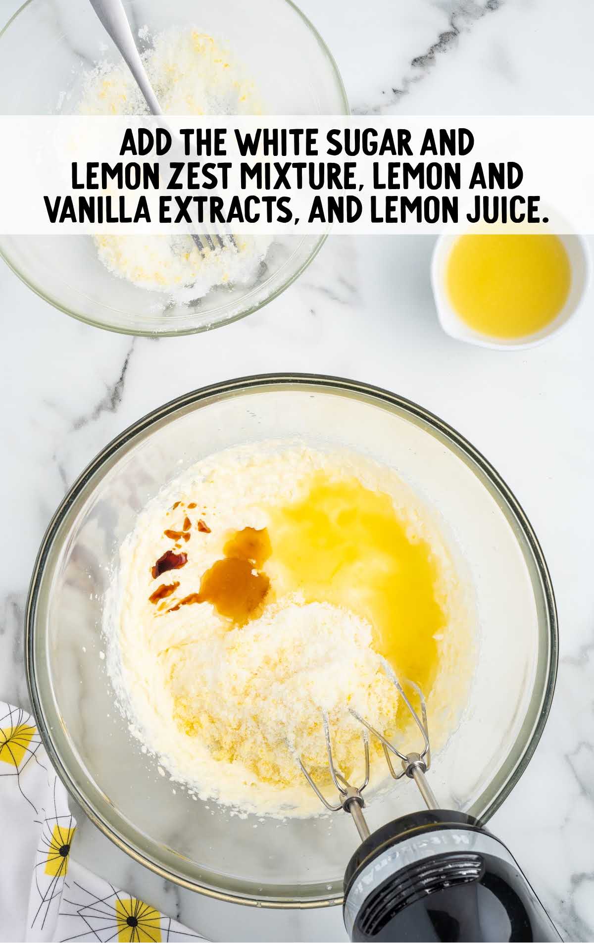 white sugar and lemon zest mixture, lemon and vanilla extract, and lemon juice combined together