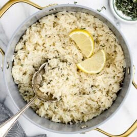 overhead shot of Lemon Rice in a pot