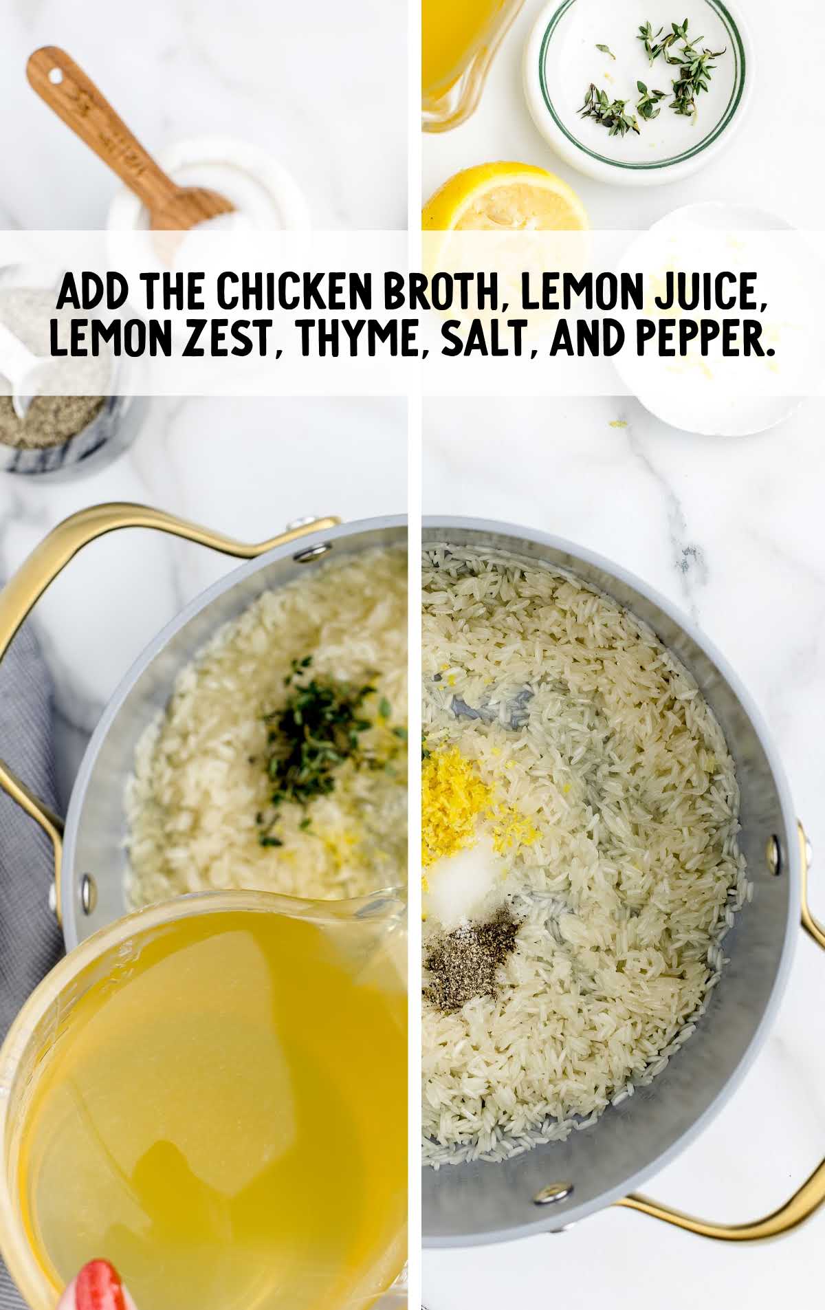 chicken broth, lemon juice, lemon zest, thyme, salt, and pepper added to a saucepan