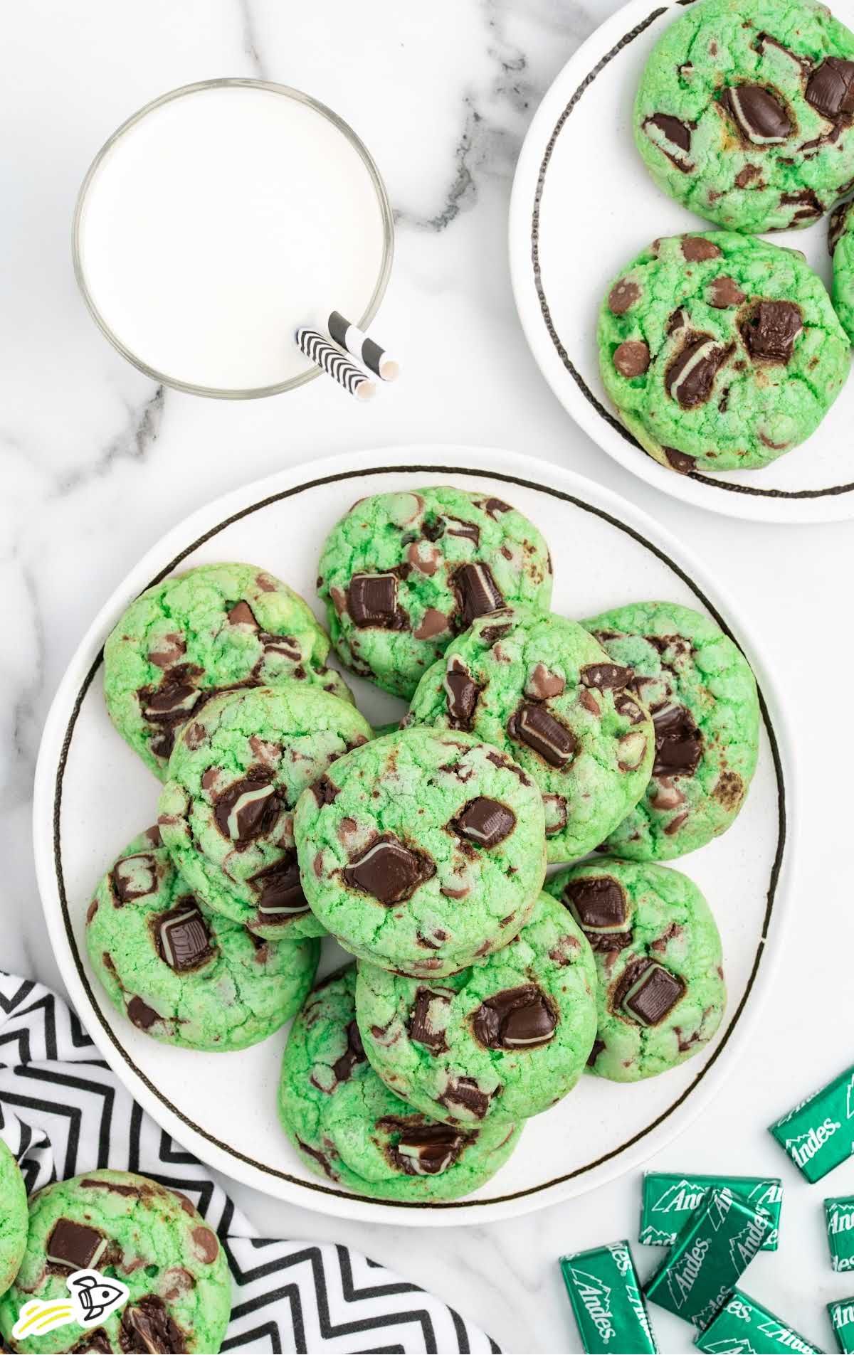 overhead shot of Mint Chocolate Chip Cookies on a plate