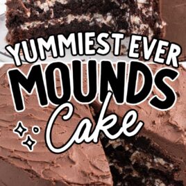 a close up shot of a Mounds Cake with slices taken out