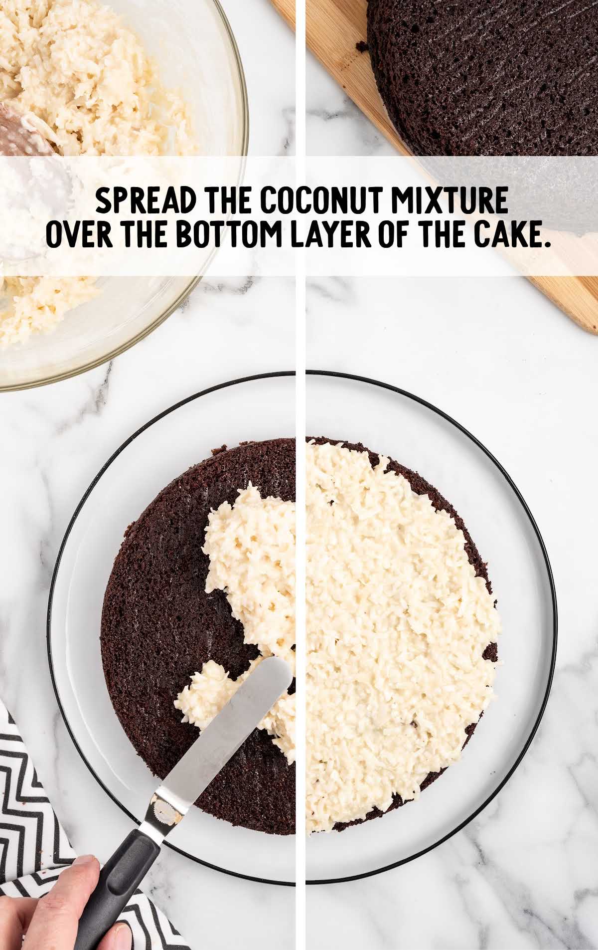 coconut mixture spread over the bottom of the cake