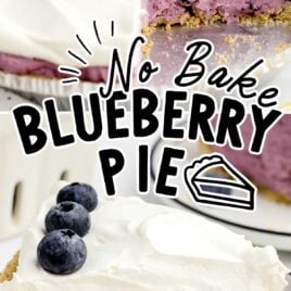 a close up shot of a slice of No Bake Blueberry Pie on a plate and a close up shot of No Bake Blueberry Pie with a couple of pieces taken out