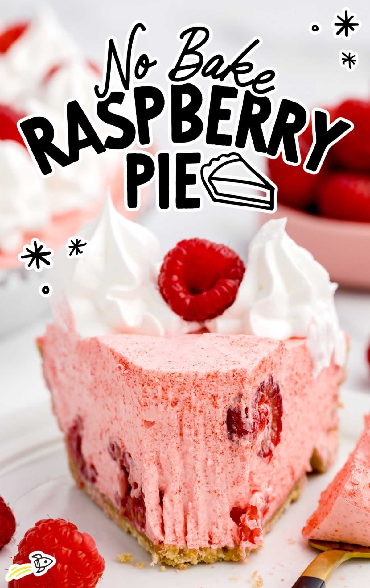 a close up shot of a slice of No Bake Raspberry Pie