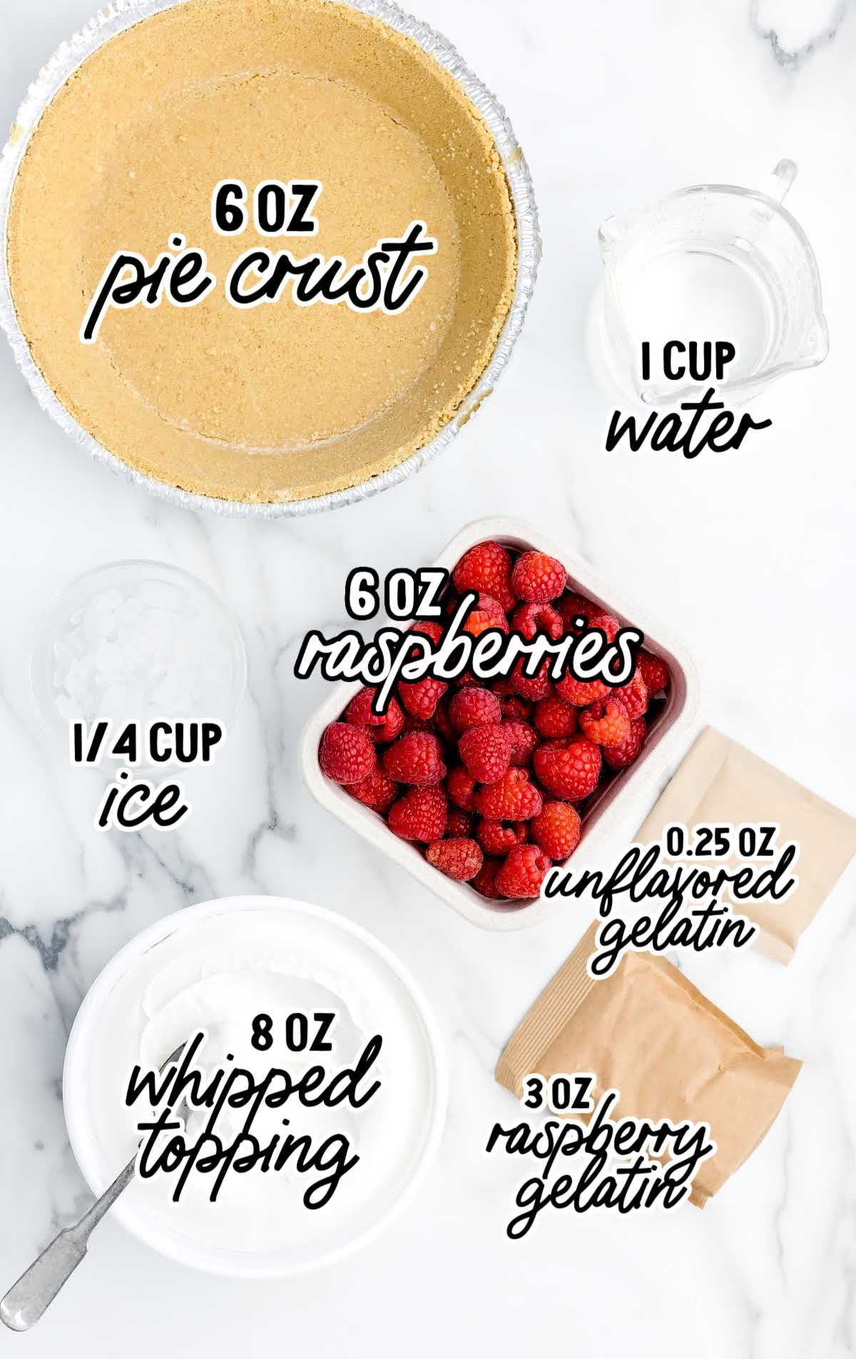 No Bake Raspberry Pie raw ingredients that are labeled