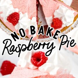 overhead shot of a No Bake Raspberry Pie with slices taken out