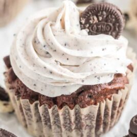 a close up shot of a Oreo Cupcake