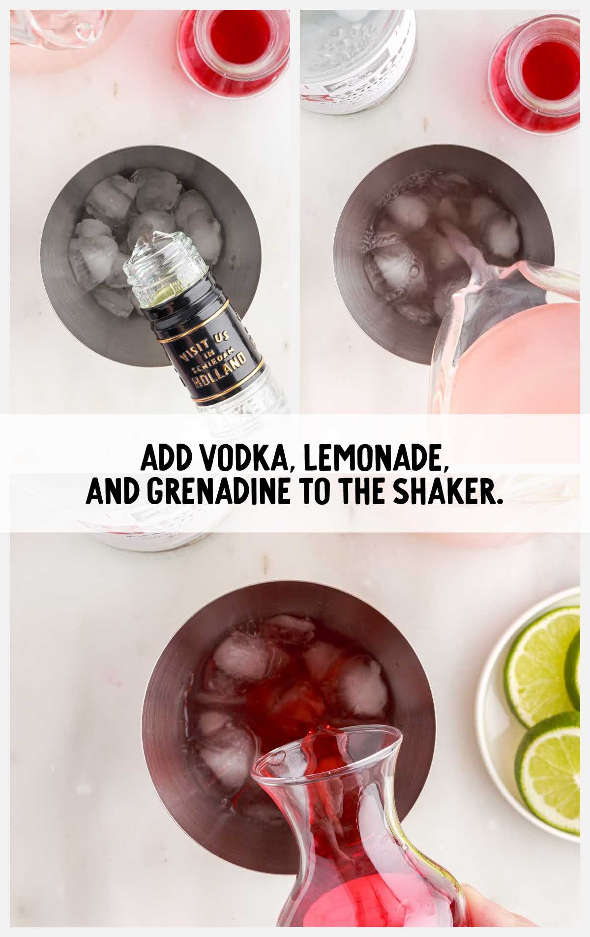 vodka, lemonade, and grenadine added to a shaker