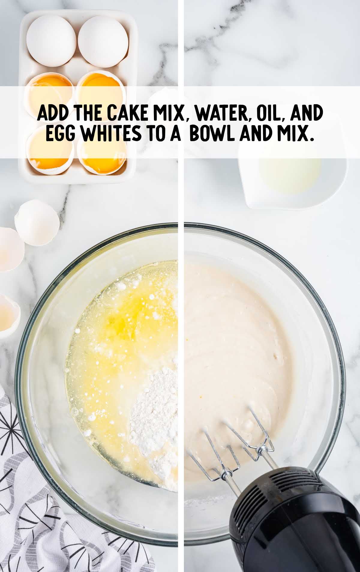 cake mix, water, oil, and egg white added to a bowl