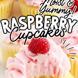 a close up shot of Raspberry Cupcakes on a plate and a close up shot of a Raspberry Cupcake with a bite taken out of it