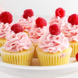 a close up shot of Raspberry Cupcakes on a plate